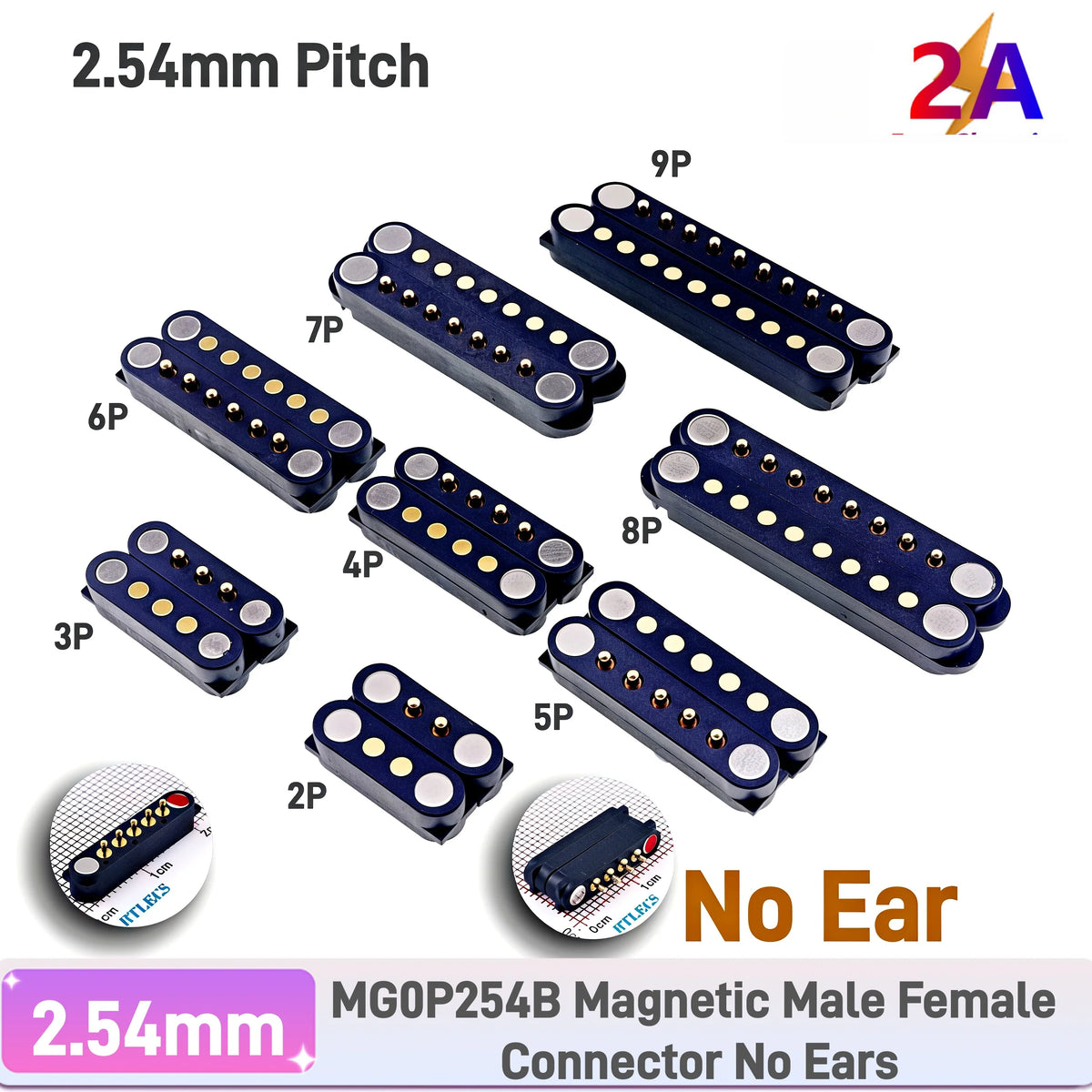 Magnetic Pogo Pin Connector - 2A Spring-Loaded 2.54mm Pitch Male Female PCB BTB Connector, 2–9 Pole Through-Hole Contacts, 1/3/5 Pairs
