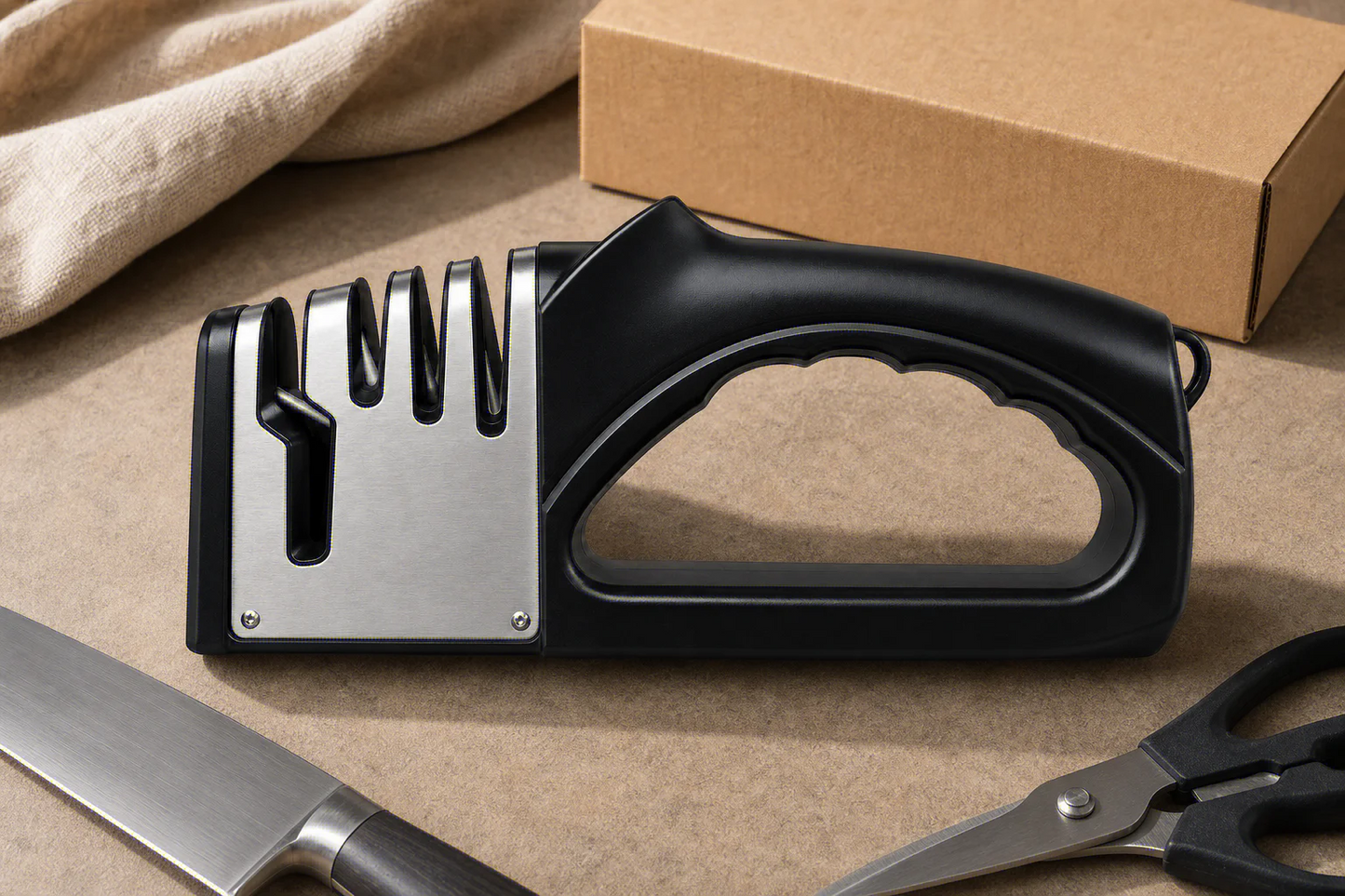 4-in-1 Kitchen Knife Sharpener - Multifunctional Handheld Tool for Knives and Scissors with Non-Slip Base