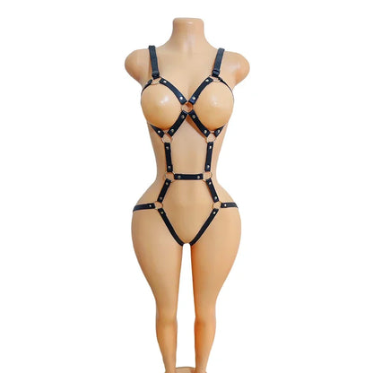 Women Black PU Leather Punk Lace-Up Bodysuit – Adjustable One-Piece Tight-Fit Fashion Harness Accessory