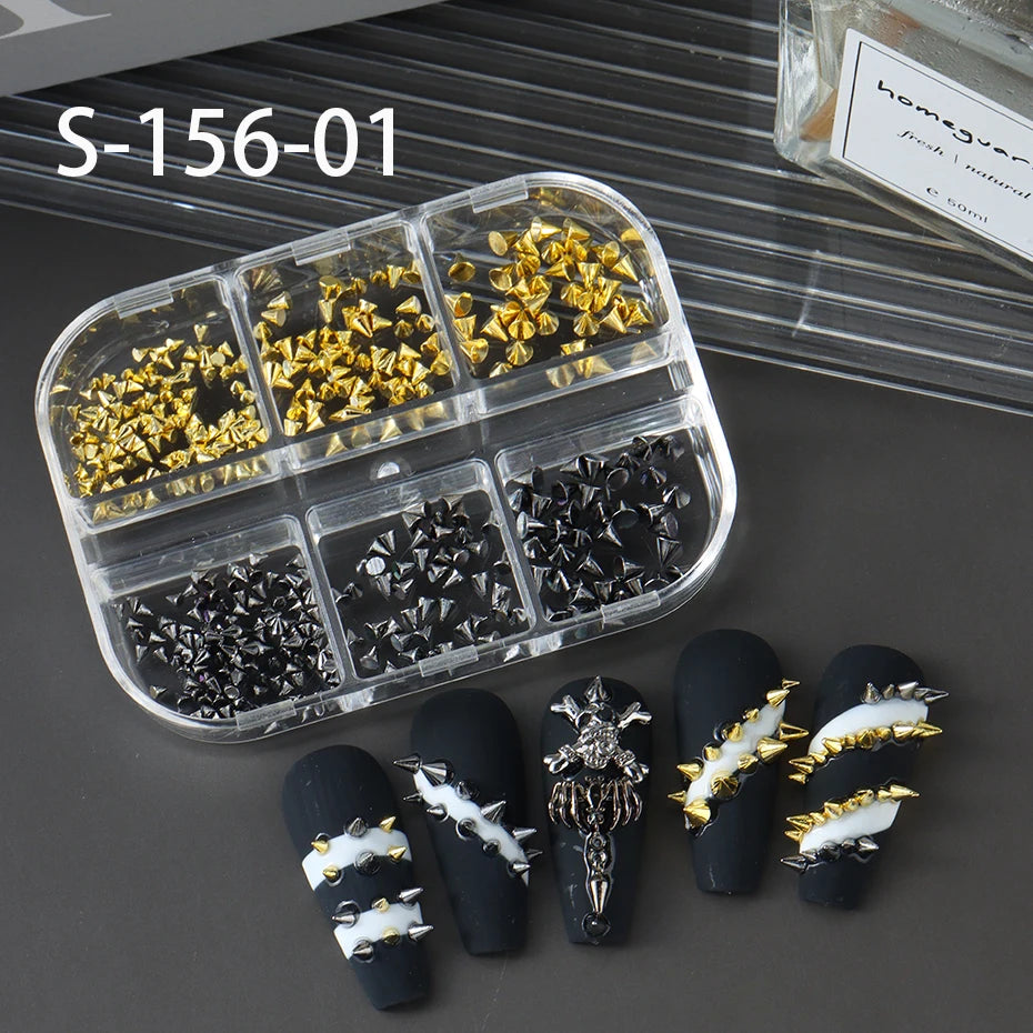 Metallic Rivet Nail Charms - 6-Grid Gold, Silver & Black Punk Spike Studs for Nail Art & DIY Designs