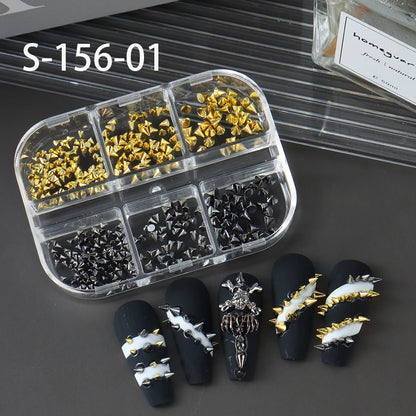 Metallic Rivet Nail Charms - 6-Grid Gold, Silver & Black Punk Spike Studs for Nail Art & DIY Designs