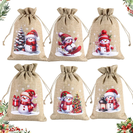 6pcs Christmas Linen Drawstring Gift Bags - Burlap Candy Biscuit Pouches for Holiday Decor & Xmas Gift Packaging