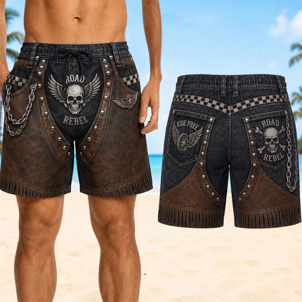 Retro 3D Cowboy Beach Shorts - Men's Quick-Dry Breathable Drawstring Board Shorts