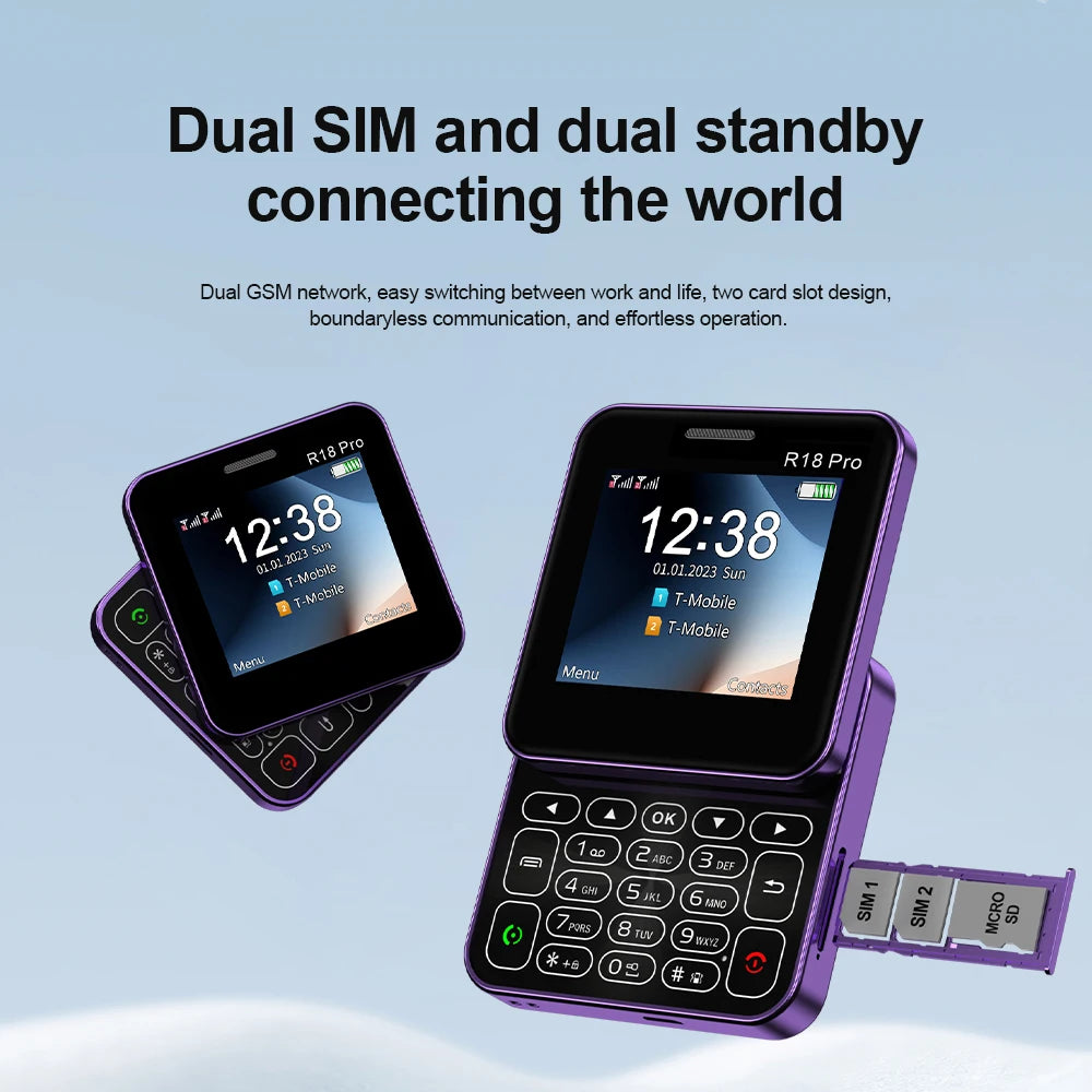 SERVO Rotating Mini Phone - 2G GSM Dual SIM Mobile Phone with FM Radio, MP4 Player & Flashlight