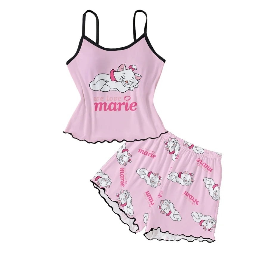 Women’s Disney Marie Cat Pajama Set - Cartoon Print Strap Top & Shorts Sleepwear Loungewear