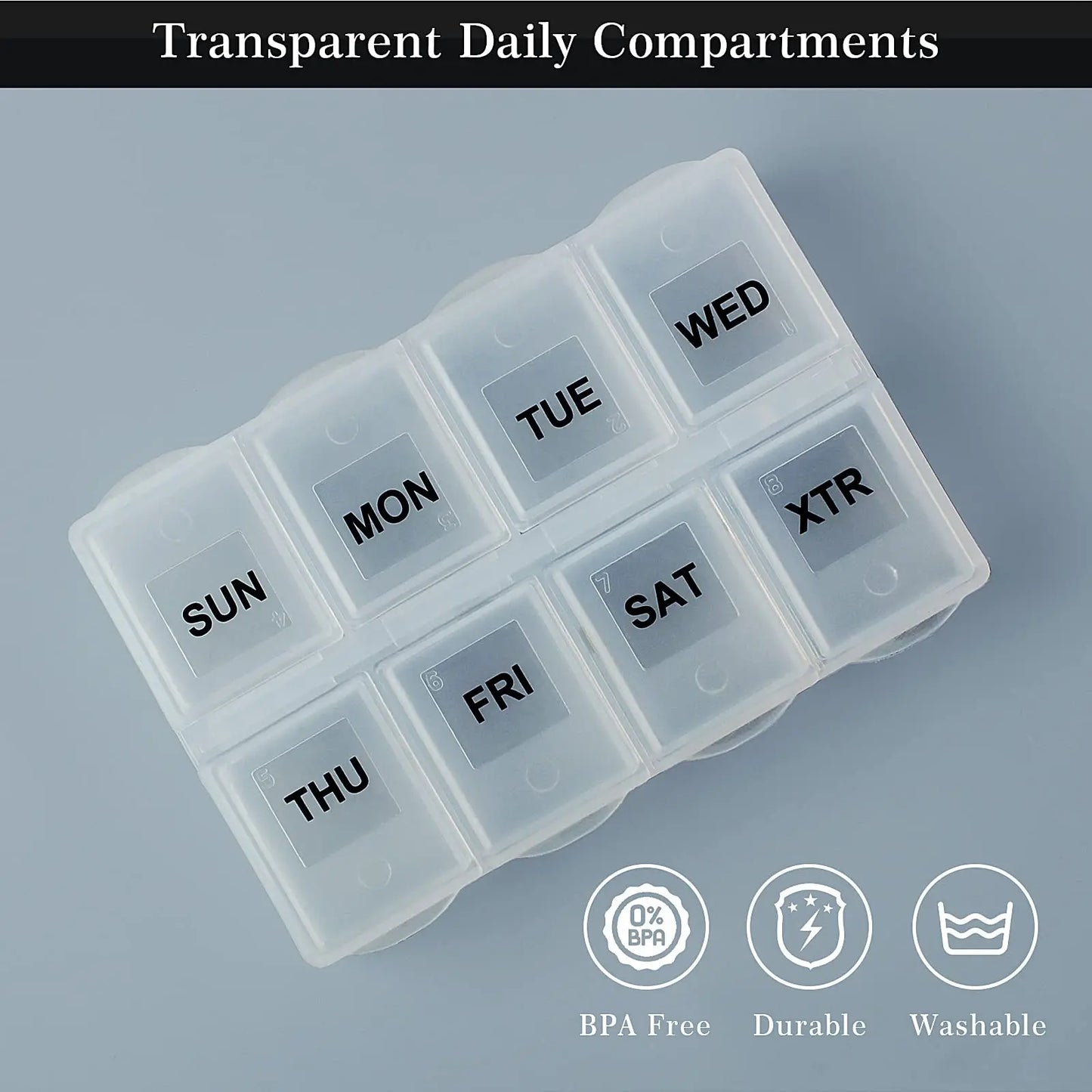 Weekly 7-Compartment Pill Organizer – Portable Travel Pill Case with Anti-Mix Design & 20 Labels