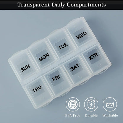 Weekly 7-Compartment Pill Organizer – Portable Travel Pill Case with Anti-Mix Design & 20 Labels