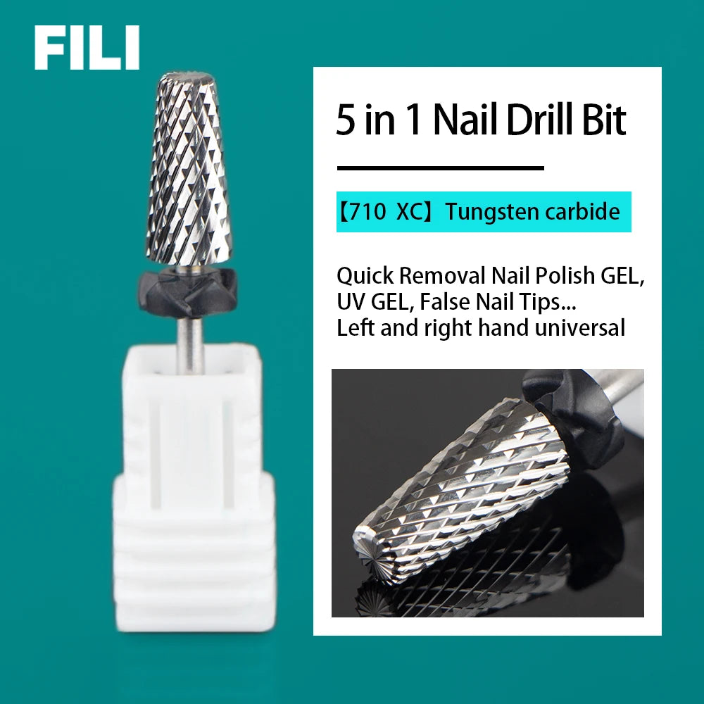 5-in-1 Tungsten Carbide Nail Drill Bits - Nail Art Equipment, Rotary Mills Cutter for UV Gel Removal & Manicure Tool