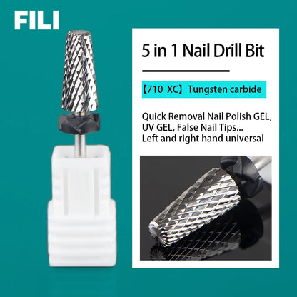5-in-1 Tungsten Carbide Nail Drill Bits - Nail Art Equipment, Rotary Mills Cutter for UV Gel Removal & Manicure Tool