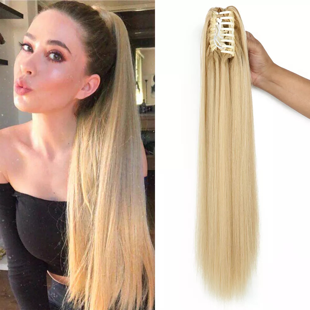 Long Straight Synthetic Claw Clip-On Ponytail Hair Extensions: 24-Inch Heat Resistant Pony Tail Hairpiece - for Daily Party Wear, Women