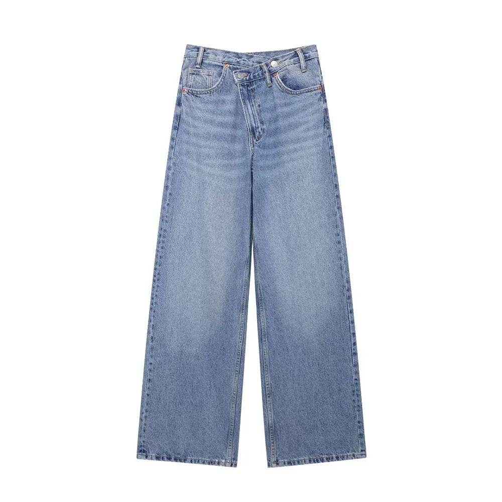 TRAF Women’s Basic Hundred Jeans — High Waist Asymmetric Wide-Leg Trousers, Casual Straight-Leg Fashion Jeans