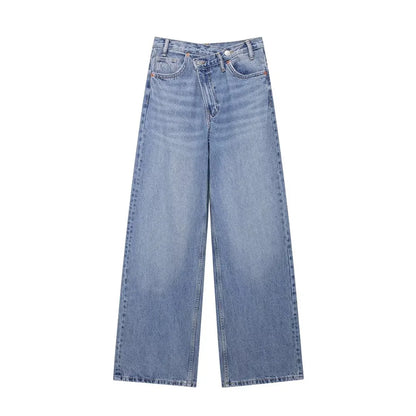 TRAF Women’s Basic Hundred Jeans — High Waist Asymmetric Wide-Leg Trousers, Casual Straight-Leg Fashion Jeans