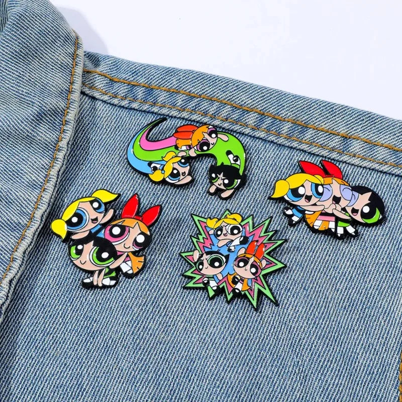 4-Piece Cartoon Anime Enamel Pin Set - Funny Blossom and Bubbles Metal Brooches for Backpacks, Clothing, and Gift Accessories