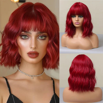 Short Wavy Green Synthetic Wig for Women – Green Cosplay Bob Wig with Bangs, Lolita Party Hair, Heat-Resistant Natural Fake Hair