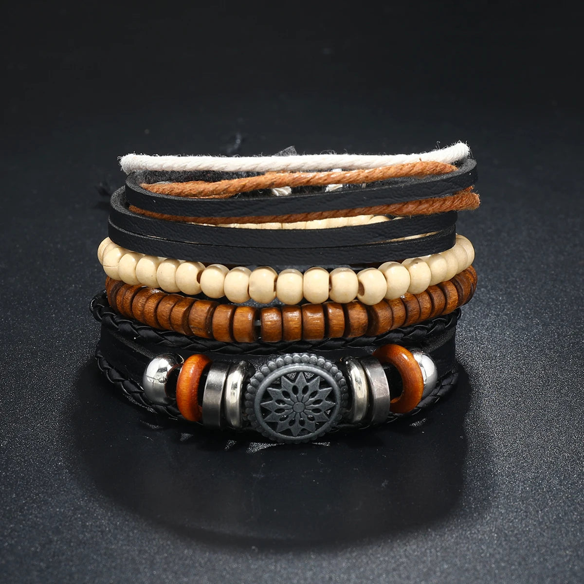 4Pcs Men's Braided Leather Bracelets Set – Vintage Life Tree & Rudder Charms, Wood Beads, Ethnic Tribal Wristbands