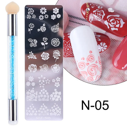 Nail Stamping Plates Set with Silicone Stamper & Brush - Flower and Geometry Transfer Stencils for Nail Art Manicure