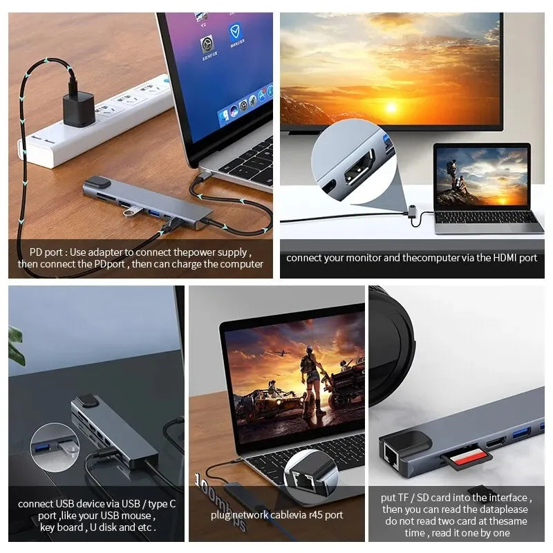 8-in-1 USB Type-C Hub Adapter – 4K HDMI, SD/TF Card Reader, RJ45, PD Fast Charging for MacBook & Notebook