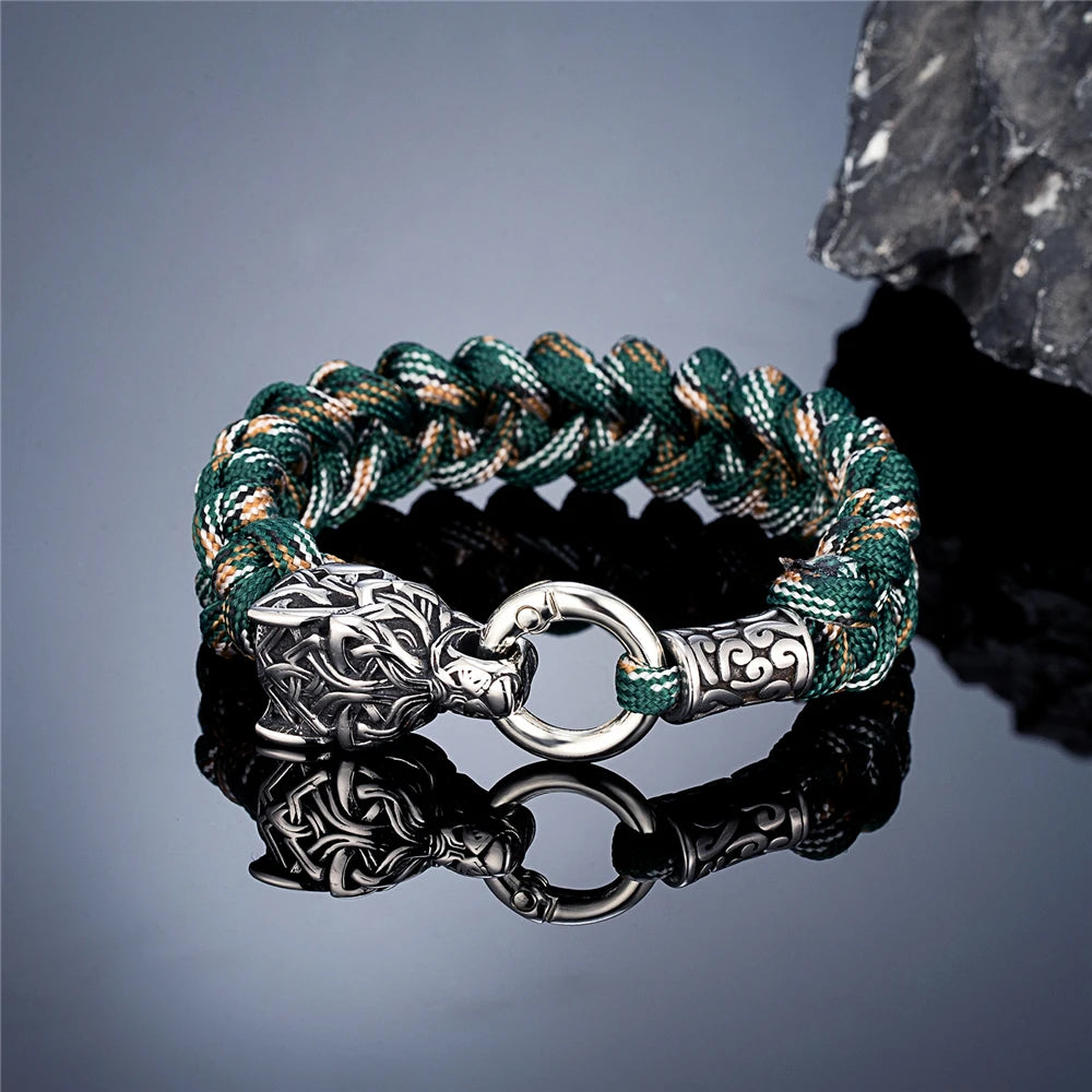 Vintage Norse Runes Celtic Wolf Survival Rope Bracelet - Handmade Stainless Steel Wristband for Men, Vikings Jewelry