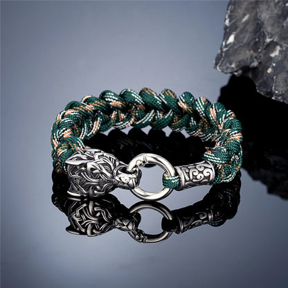 Vintage Norse Runes Celtic Wolf Survival Rope Bracelet - Handmade Stainless Steel Wristband for Men, Vikings Jewelry
