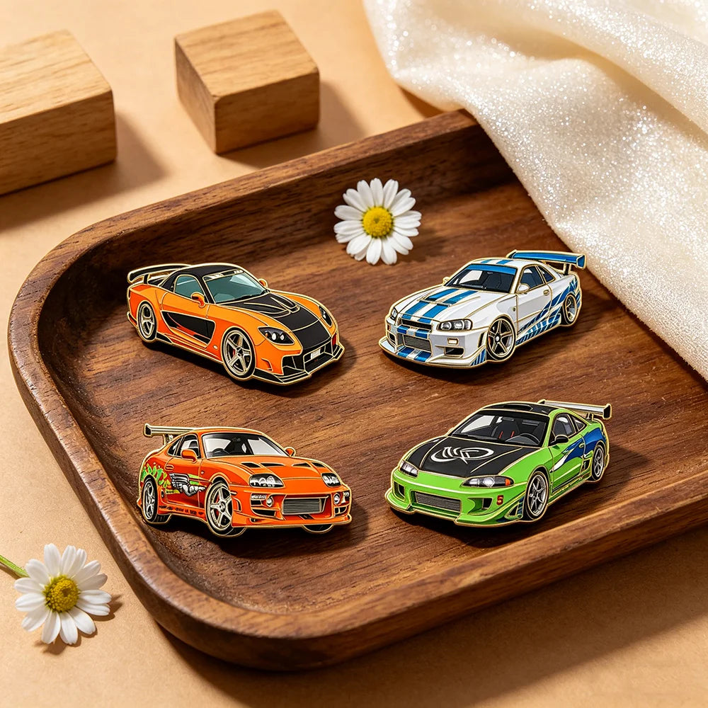 4-Piece Fast & Furious Enamel Pin Set - Car Lapel Brooches for Jackets, Coats, Backpacks & Gifts for Car Enthusiasts