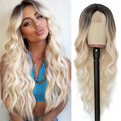 26-Inch Synthetic Ombre Blonde Wavy Wig for Women — Long Middle Part Curly Heat-Resistant Hair Fiber