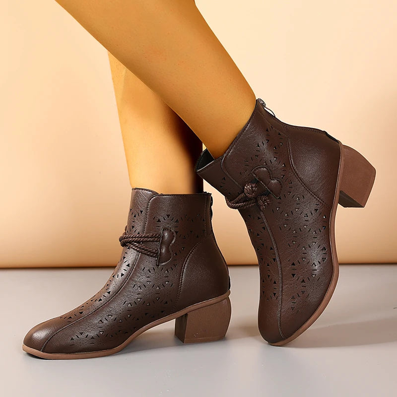 Women’s Hollow-Out Ankle Boots - 2025 Summer Retro Mid-Heel Soft Sole Breathable Shoes