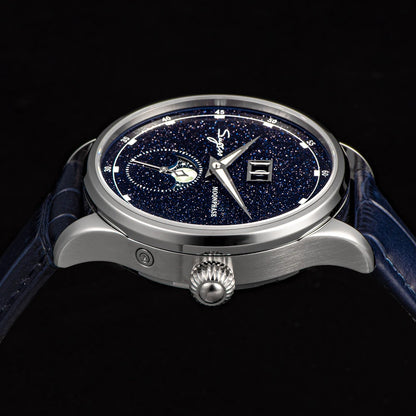 Sugess Moonphase Men’s Automatic Mechanical Watch — 40MM Stainless Steel with Seagull ST2528 Movement and Blue Sandstone Dial