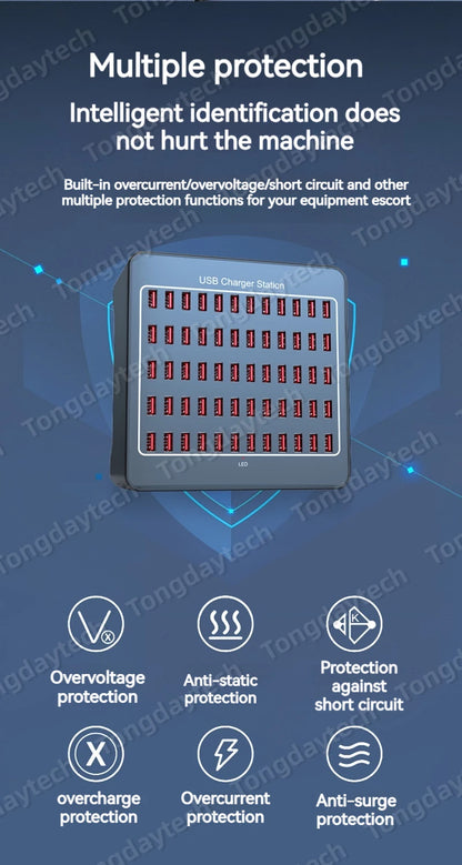 300W Universal Multi USB Charger Station – 60-Port Fast Charging for iPad, iPhone 11/12/13 Pro Max, Samsung Tablet