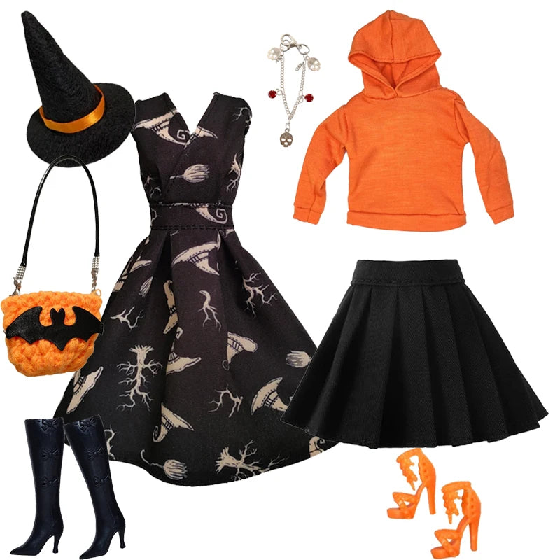 1/6 Doll Halloween Cosplay Outfit – Witch Dress, Cap, Belt, Bag & Broom for 12" BJD / 30cm Dolls