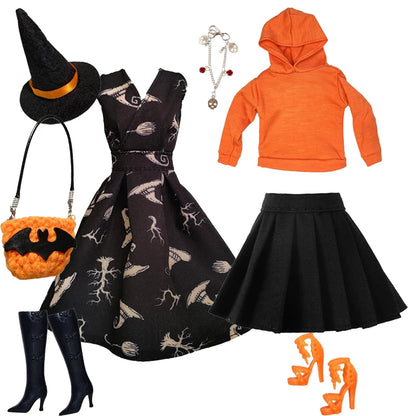 1/6 Doll Halloween Cosplay Outfit – Witch Dress, Cap, Belt, Bag & Broom for 12" BJD / 30cm Dolls