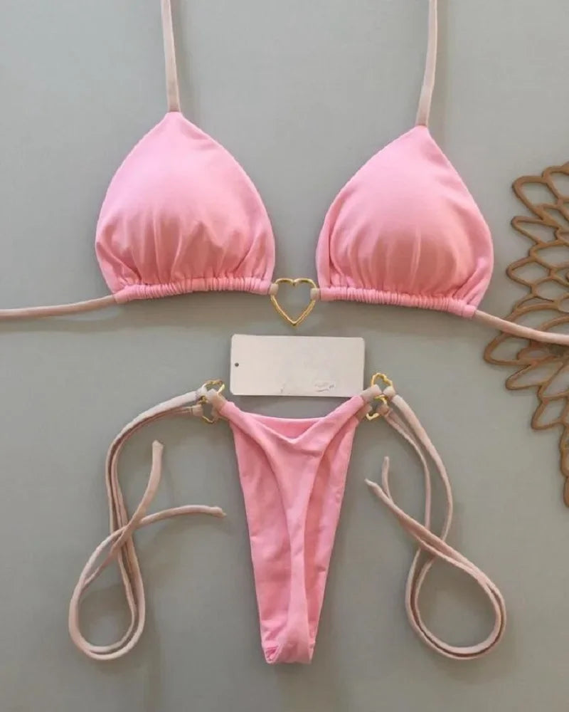 Women’s Sexy Halter Triangle Bikini Set – Solid Color Brazilian Thong Two-Piece Swimsuit