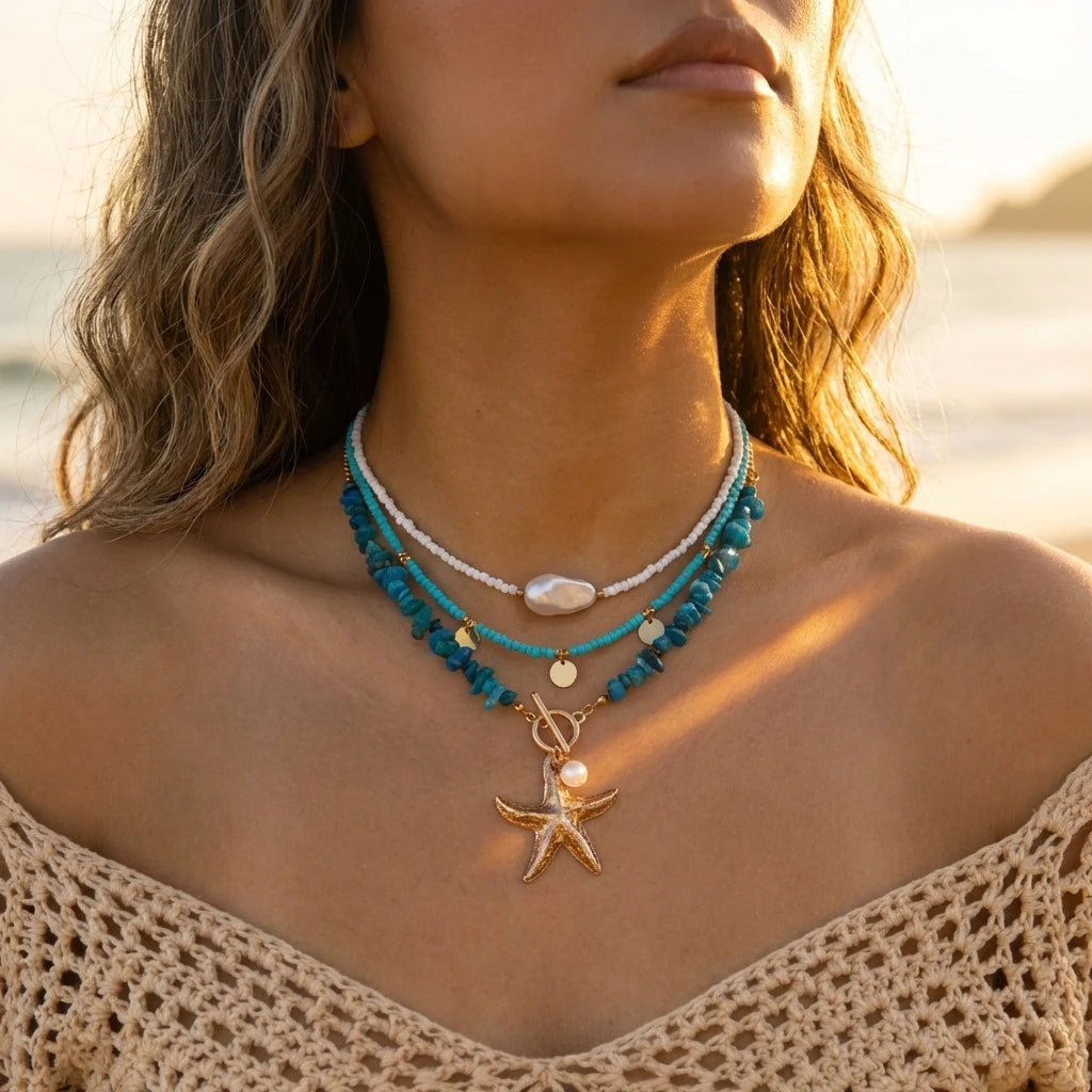 Bohemian Shell Layered Necklace - Vintage Starfish & Turtle Blue Beaded Beach Jewelry for Women