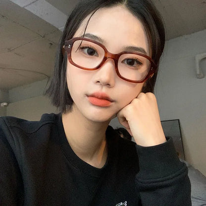 Retro Square Oval Blue Light Glasses – Thick Red Frame Korean Fashion Eyewear for Women