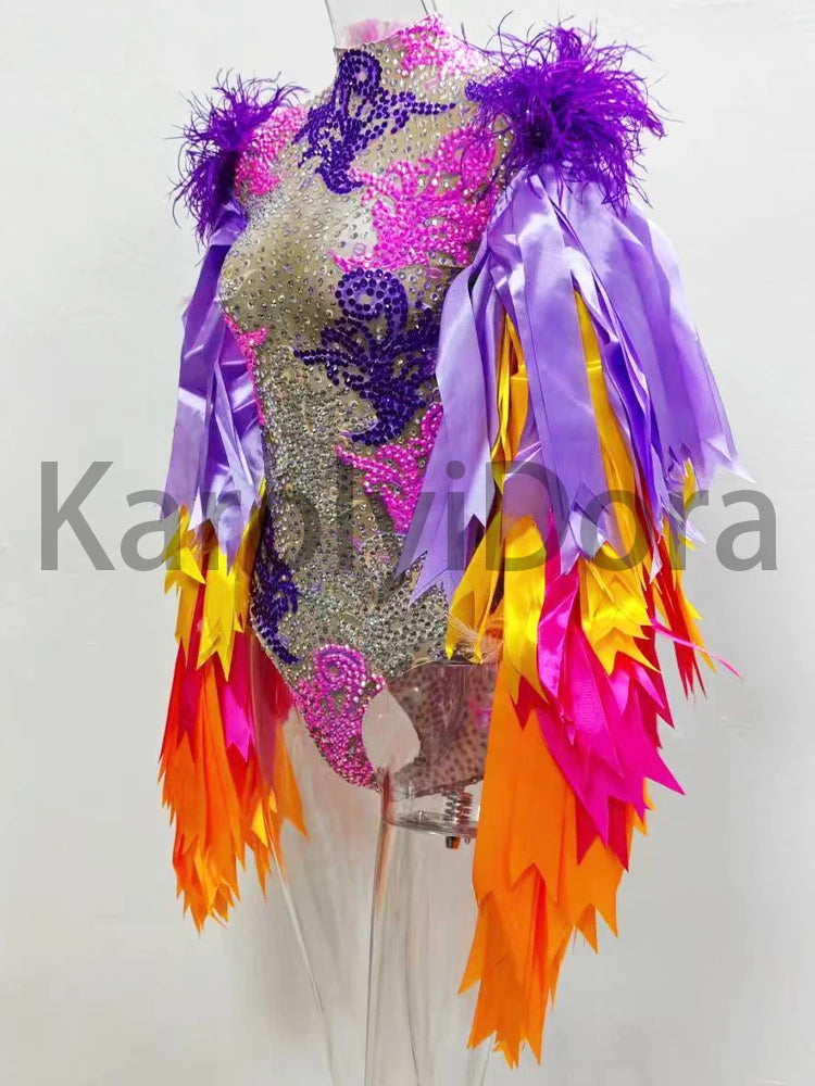 Colorful Feather Sleeve Rhinestone Bodysuit – Women’s Nightclub Party Dance Performance Costume