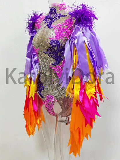 Colorful Feather Sleeve Rhinestone Bodysuit – Women’s Nightclub Party Dance Performance Costume