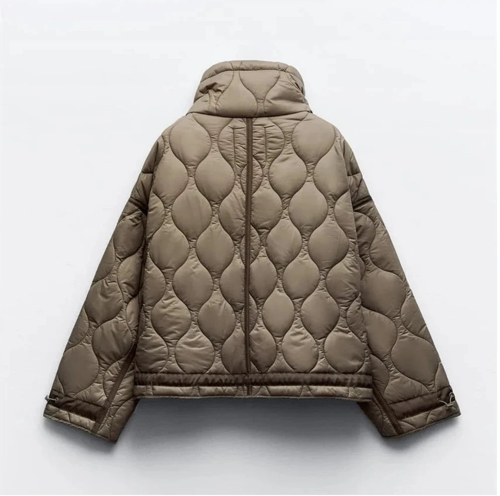 2024 ETJ Quilted Women's Coat – Beige Drawstring High Neck Jacket with Ties & Pockets