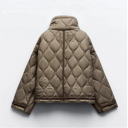 2024 ETJ Quilted Women's Coat – Beige Drawstring High Neck Jacket with Ties & Pockets