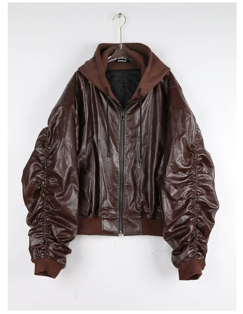 Mauroicardi Autumn Winter Oversized PU Leather Bomber Jacket for Men - Thickened Warm Hooded Luxury Designer Coat