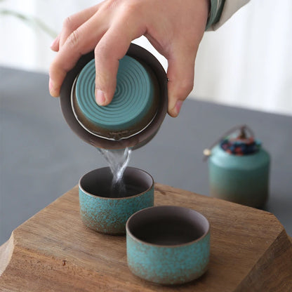 Kiln-Change Vintage Spring Green Pottery Tea Set – 1 Pot & 4 Cups, Simple Small Set for Outdoor or Tea Room