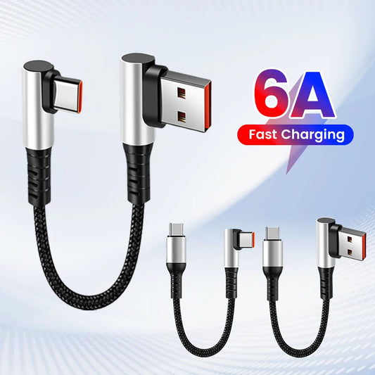 6A 90° Elbow USB-C to USB-C Short Cable – 0.25/0.5M Fast Charging Data Cord for iPhone 15, iPad, and Power Banks