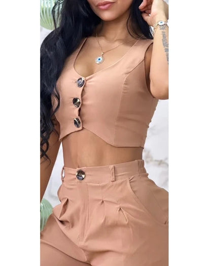 Women’s 2024 Summer Two-Piece Set – Sexy Buttoned Crop Vest & High Waist Wide Leg Pants, Casual Elegant Outfit