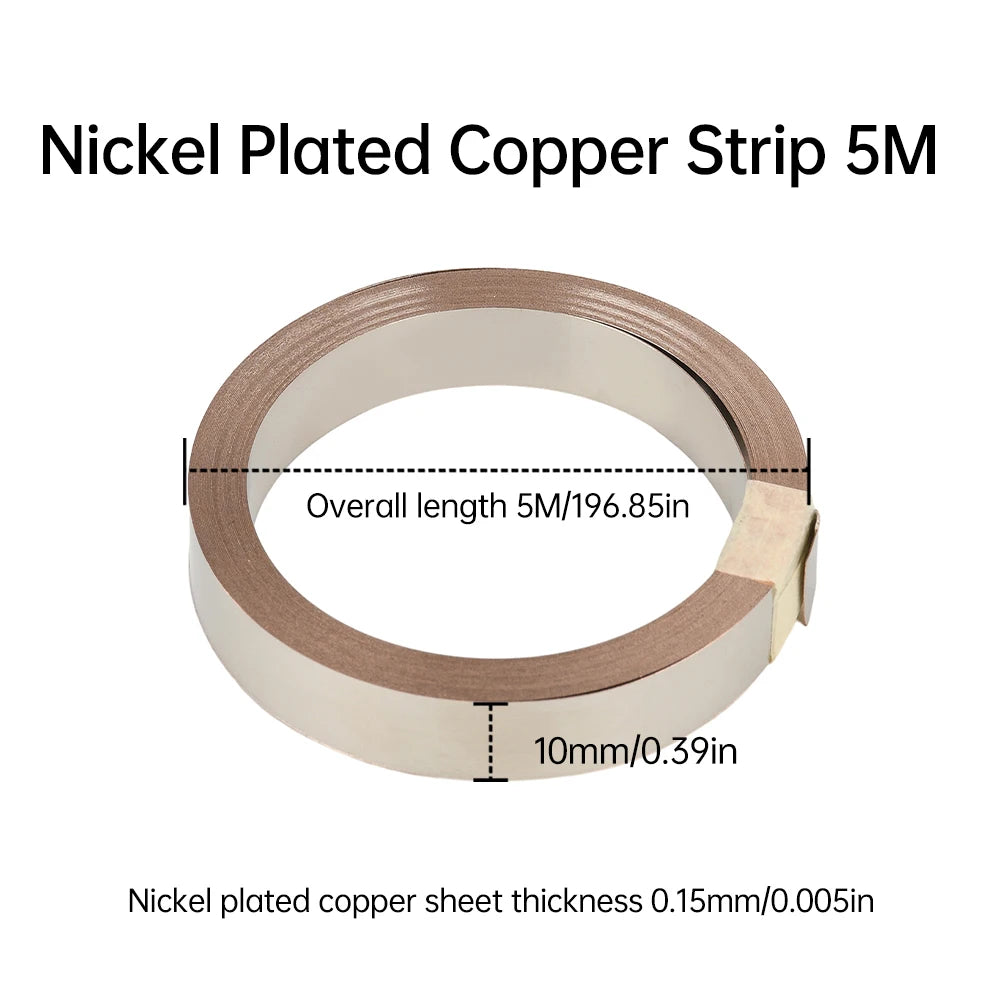 5M T2 Pure Copper & Nickel Strip — 0.15mm/0.2mm Nickel-Plated Copper Belt for 18650, 26650, 21700 Lithium Battery Pack Spot Welding