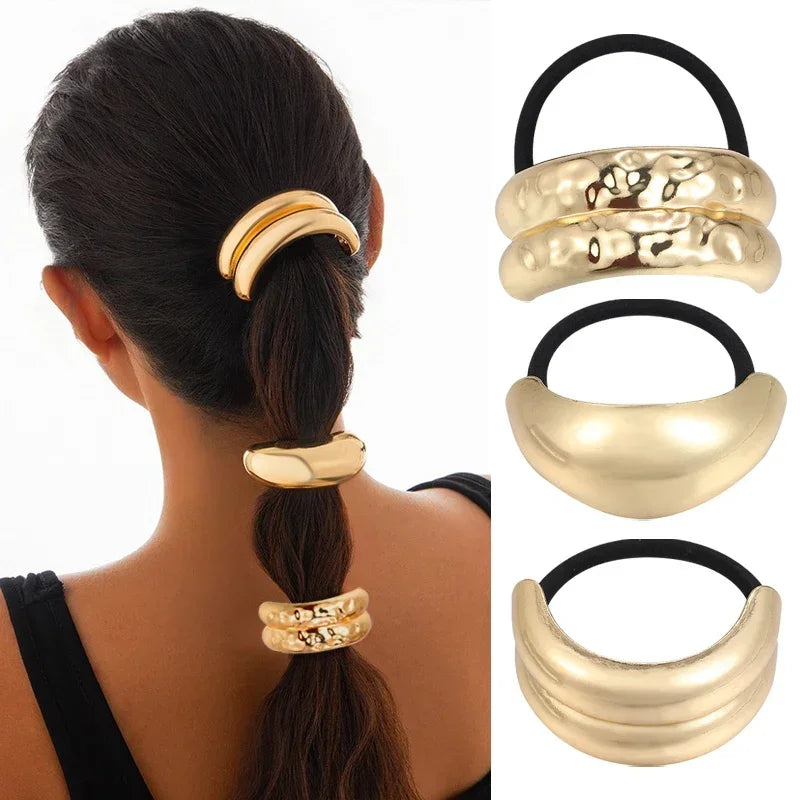 3PCS Geometric Hair Ties — Elastic Rubber Bands with Gold & Silver Metal Charms, Hair Cuffs for Women & Girls Accessories