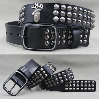 Men’s Designer Rivet Belt – Genuine Cowhide Leather Punk Rock Pin Belt for Jeans, Luxury Black Leather Belt
