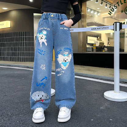New 2024 Teenage Girls’ Blue Street Cartoon Jeans – Elastic Mid-Waist Loose Wide-Leg Denim Pants for Spring Fashion
