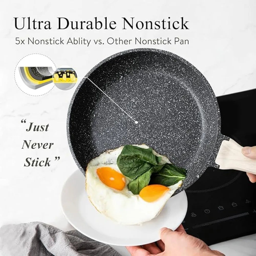 12 Piece Granite Non-Stick Cookware Set - Includes Frying Pan, Saucepan, Wok, and Oversized Casserole for Induction Cooking