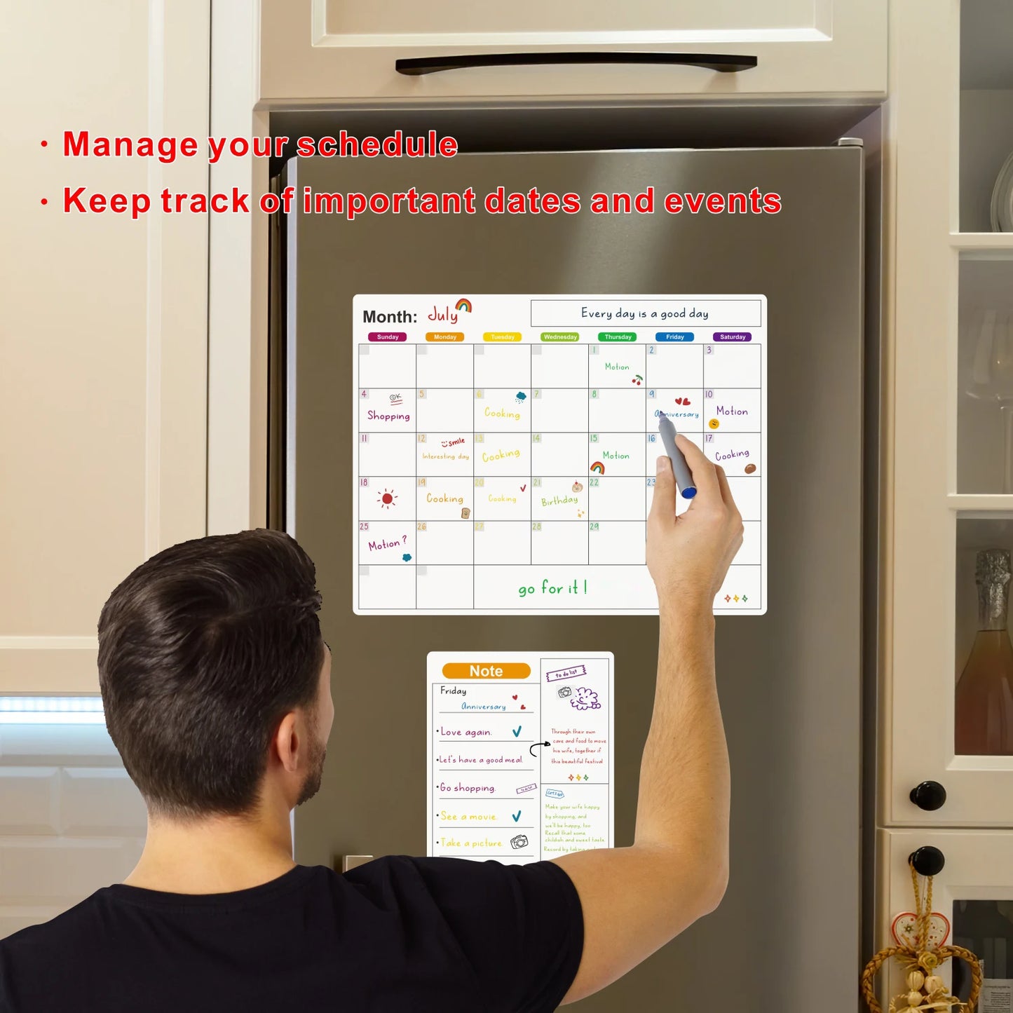 Magnetic Fridge Calendar — Monthly & Weekly Planner Whiteboard with Pen, Dry Erase Message & Sticker Board