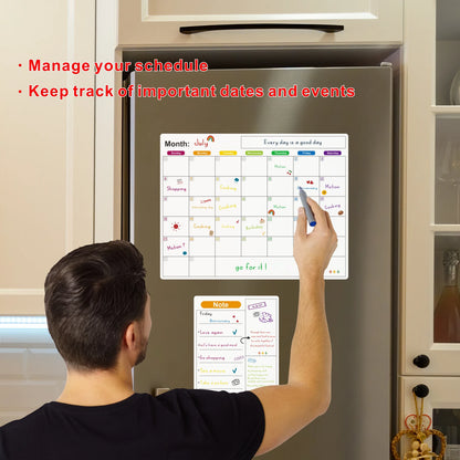 Magnetic Fridge Calendar — Monthly & Weekly Planner Whiteboard with Pen, Dry Erase Message & Sticker Board