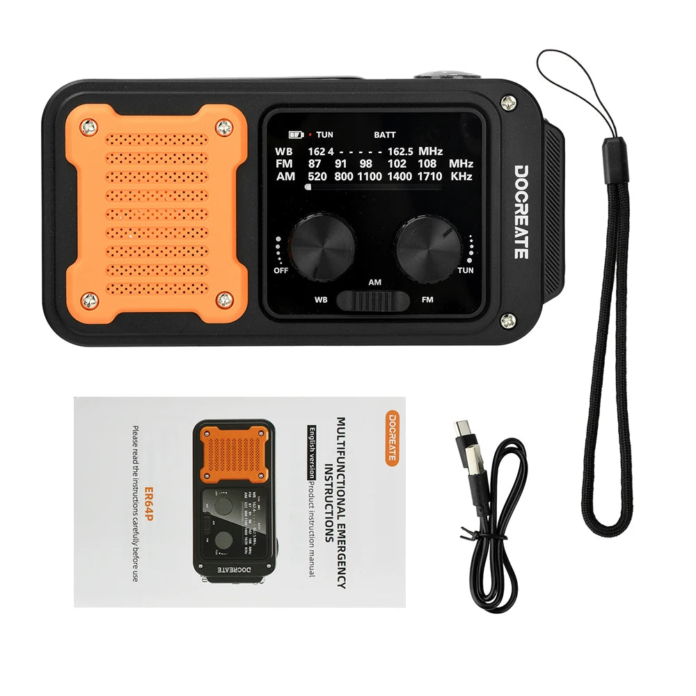 7-in-1 Emergency Radio - AM/FM/WB Portable Solar & Hand-Crank Survival Radio for Outdoor Use