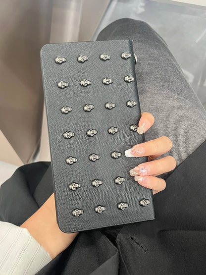 Women's Gothic Skull Head Long Wallet – Black Handheld Mobile Wallet with Wrist Strap & Card Clip